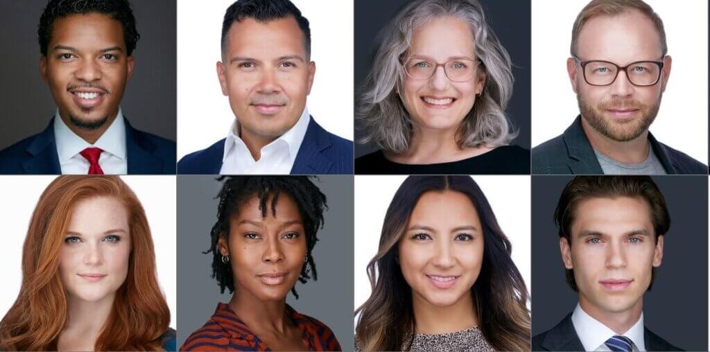 A grid of eight professional headshots displays multicultural diversity. The top row features individuals with varied hairstyles and attire, while the bottom row includes two women with different hair colors and styles, alongside two men—one sporting facial hair—all set against neutral backgrounds.