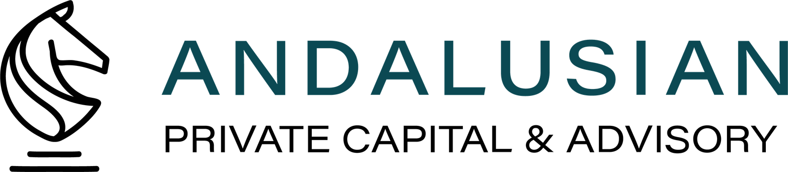 Logo of Andalusian Private Capital Advisory features the company name in teal blue, with "Private Capital & Advisory" in smaller, black text below. A black, stylized chess knight (horse) design is on the left side, symbolizing strategy and expertise. The background is transparent.