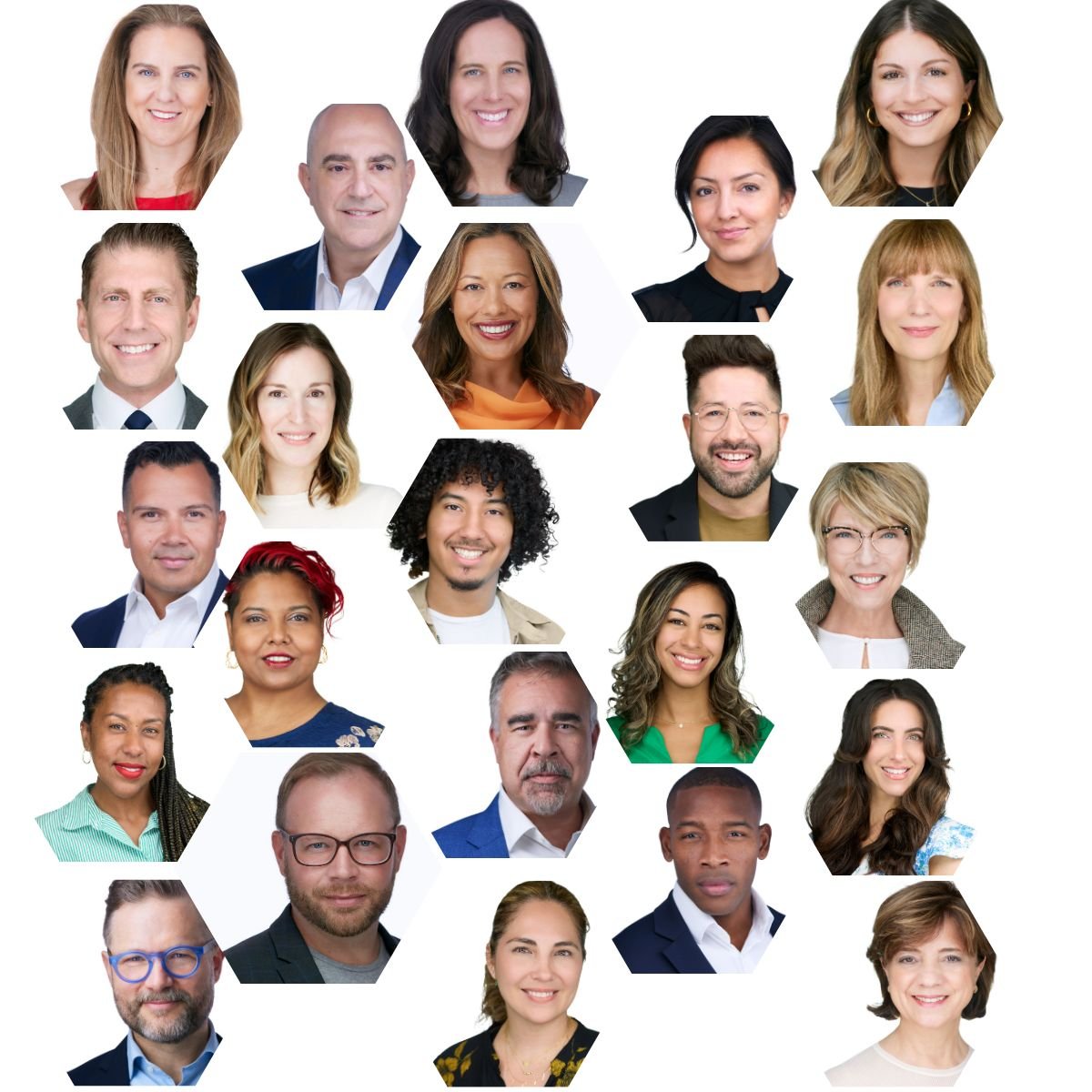 A collage of 25 diverse headshots arranged in a grid. Each person's headshot is displayed within a hexagonal frame. The group includes men and women of various ethnic backgrounds, skin tones, hair colors, and styles. Most people are smiling and dressed in professional attire.