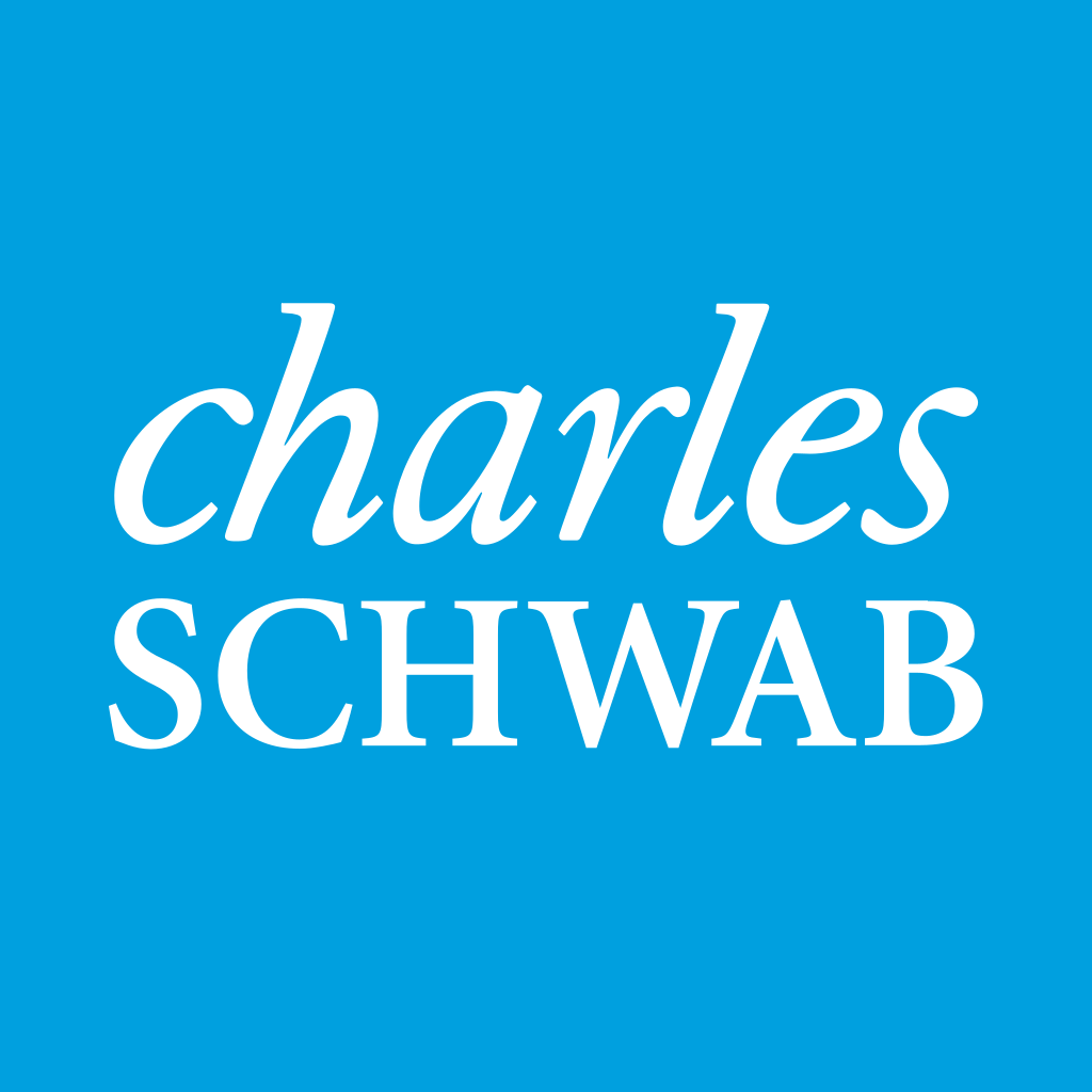 Logo of Charles Schwab. The logo features the text "charles SCHWAB" in a serif font with "charles" in lowercase and white, and "SCHWAB" in uppercase and bold white letters. The text is centered on a blue background.